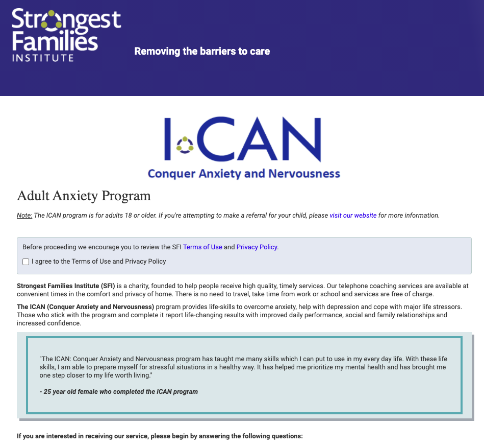 iCAN tool for anxiety and depression (Strongest Families)